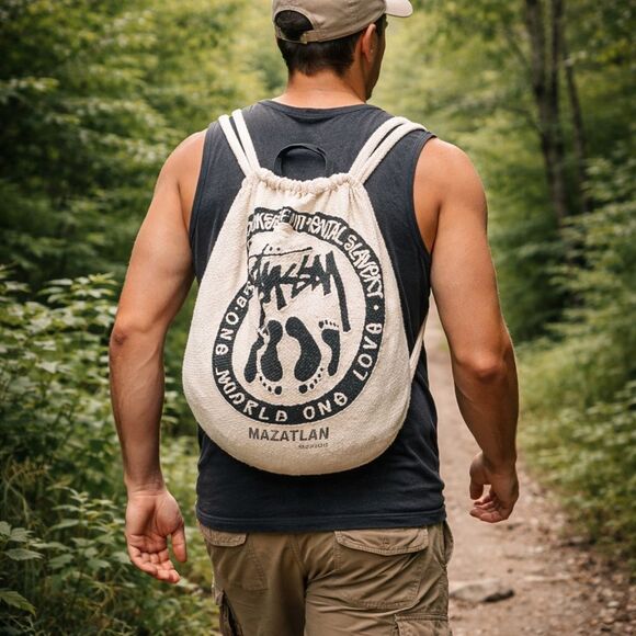 New Mazatlan cotton backpack bag ivory black print lightweight Mexican made bag